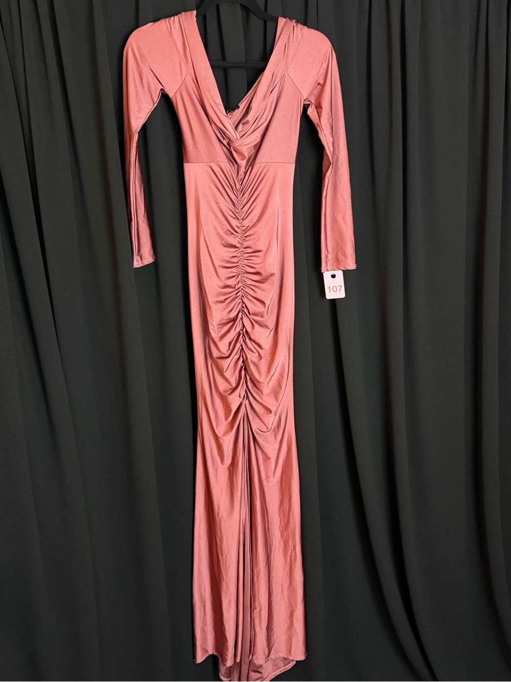 Ruched V-Neck Long Sleeve Prom Gown in Rose Dust